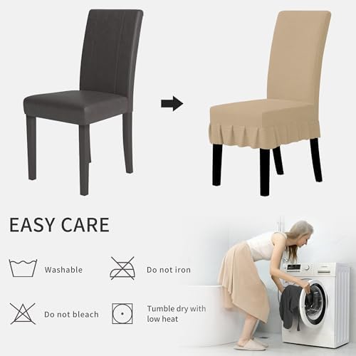 Easy-Going 8 PCS Stretch Dining Room Chair Covers with Skirt, Sand