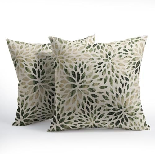 Green Dahlia Pillow Covers 20x20 Inches Rustic Geometric Flower Throw