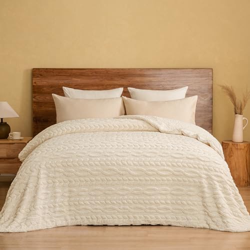 PHF Soft Sherpa Fleece Blanket King, Tufted Jacquard, 04-Natural Cream