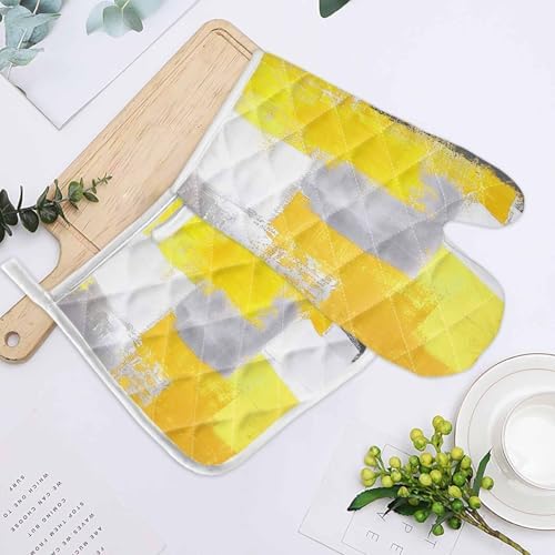 Quilted Cotton Terry Cloth Oven Mitt, Pot Holder Yellow Gray White