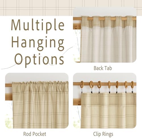 RYB HOME Rustic Linen Blend Gingham Curtains for Living Room 84 Inch