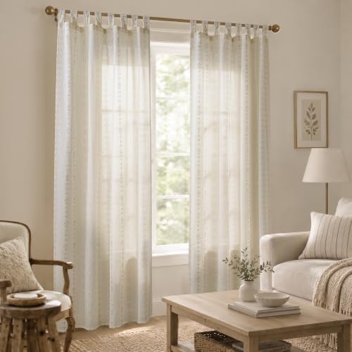 Tab Top Farmhouse Cream Cottage Core Patterned Linen Curtains 84 Inch