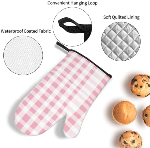 Oven Mitts Pink Gingham Aesthetic Heat Resistant Silicone Oven Mitts