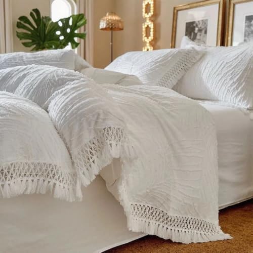 Textured Leaf Duvet Cover Set King, Fringe Trim Bedding Set White