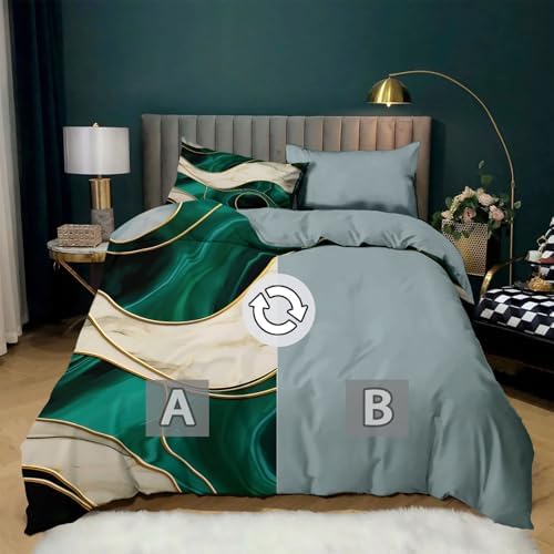 King Duvet Cover Set Abstract Marble Golden Lines, Gray Blue Quilt