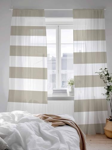 Sheer Curtains 108 inches Long 2 Panels Set Beige and White Stripe