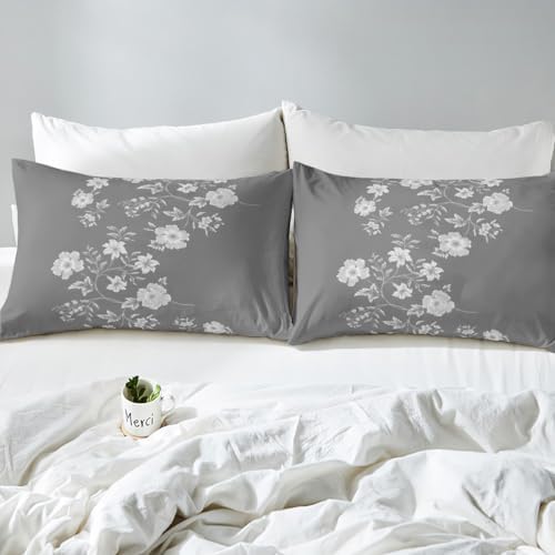Homewish Kids Gray Floral Duvet Cover Set,Women Botanical Floral