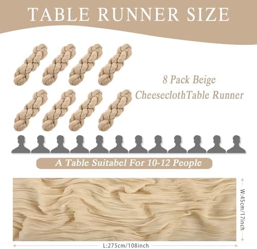8 Pack Beige Cheesecloth Table Runner 17x108 inch Boho Gauze Cheese
