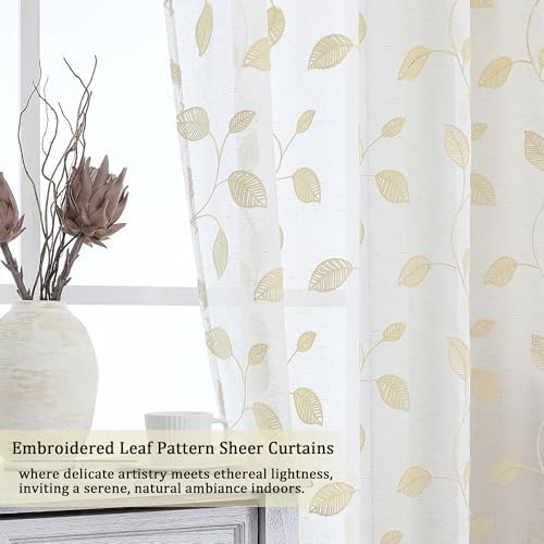 OVZME Natural Sheer Curtains 63 Inch Length 2 Panels Set, Leaf