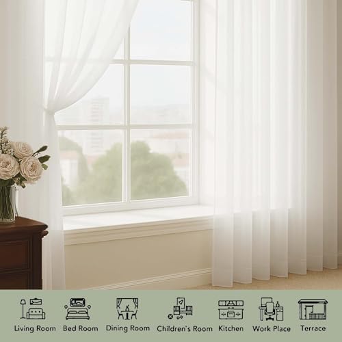 OWENIE Ivory Sheer Curtains 108 Inch Long 2 Panels for Living Room 59"