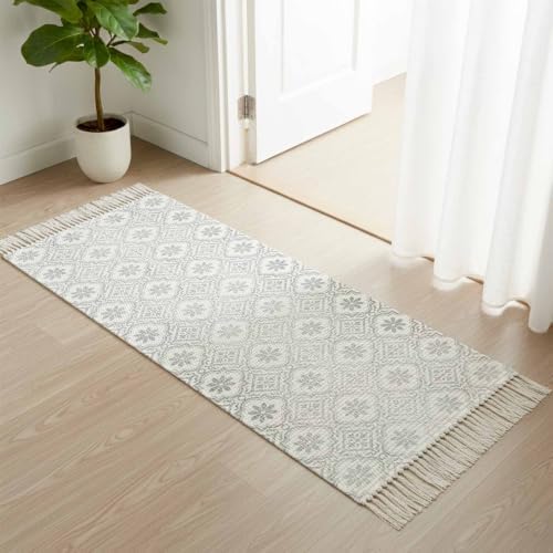 Gray Petals Hallway Runner Rug 2'x5', Abstract Floral Grids Boho