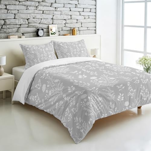 3 Pieces Bedding Set Queen Size, Grey Botanical Soft Duvet Covers Set