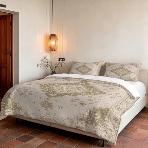 Sage Green Beige Boho Duvet Cover Set 3 Pieces with Zipper Closure