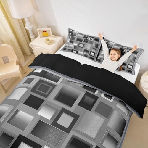 Castle Fairy Modern Duvet Cover Queen Size,Gray and White Square
