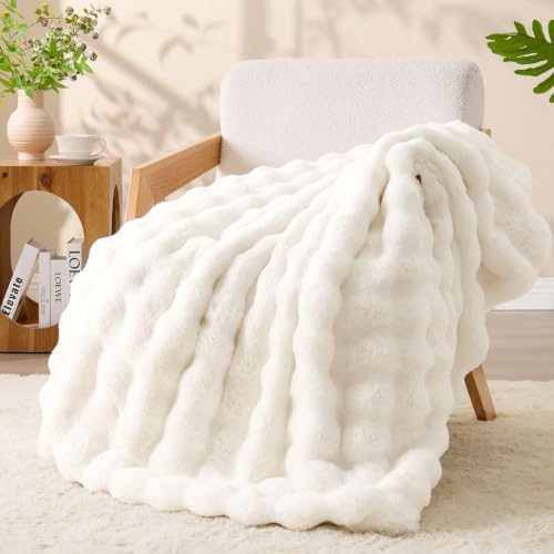 BEDELITE Faux Fur Throw Bubble Blanket for Couch, 60" x 80", Cream