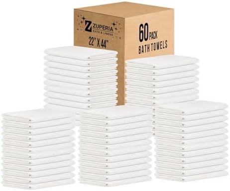 ZUPERIA White Bath Towels Bulk 60 Pack (22 x 44 Inches) - 100% Cotton