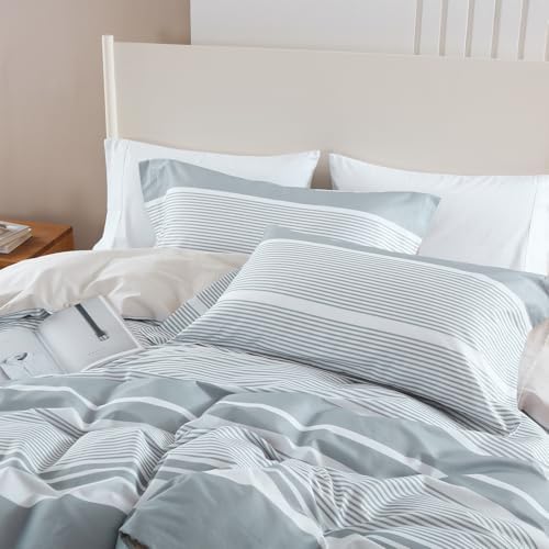 Striped Cotton King Duvet Cover 104"x90" – Light Grey White, 3 Piece