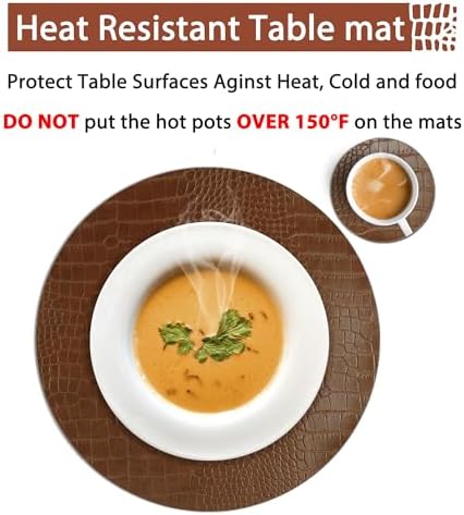 Round Leather Placemats for Round Tables Set of 6, Brown Table Place