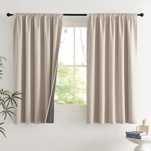 NICETOWN Natural Faux Linen 100% Blackout Curtains, 2 Panels Set, 52 x