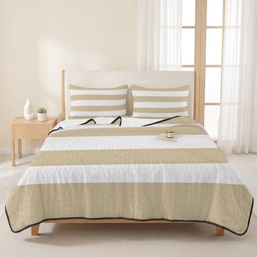 Teamery Queen Quilt Bedding Set Beige White Stripes Breathable Summer