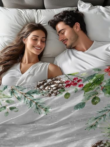 Cal King Size Flat Sheet Only, Christmas Winter Red Berry Pine Bed Top