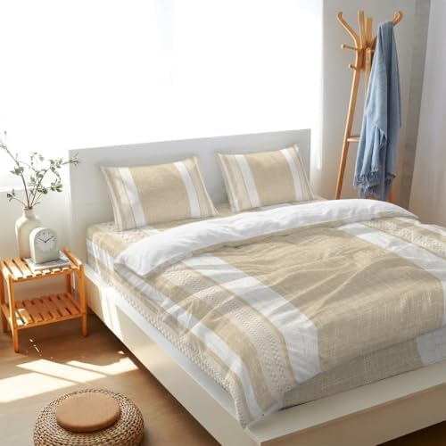 Beige Stripes Queen Size 4 Piece Duvet Cover Set, Minimalist Cream