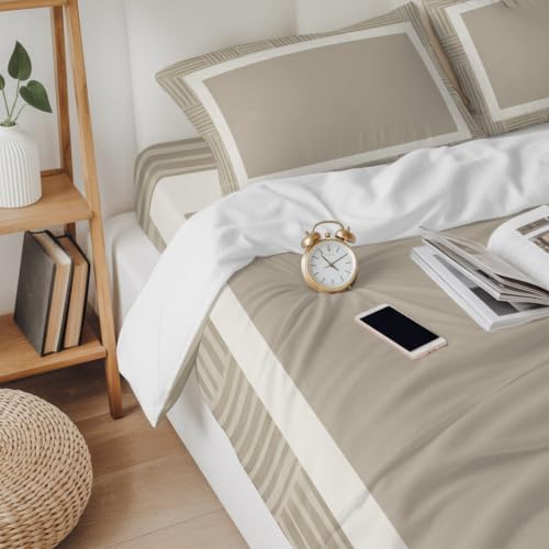 White Frame Twin Size 4 Piece Duvet Cover Set, Minimalist Sand Border