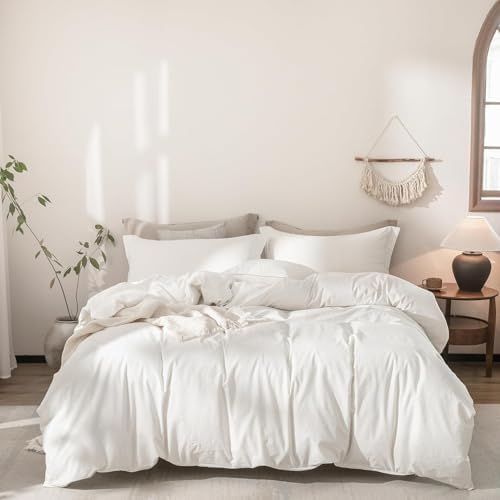 3Pcs Off White Solid Queen Duvet Cover Set Washed Cotton