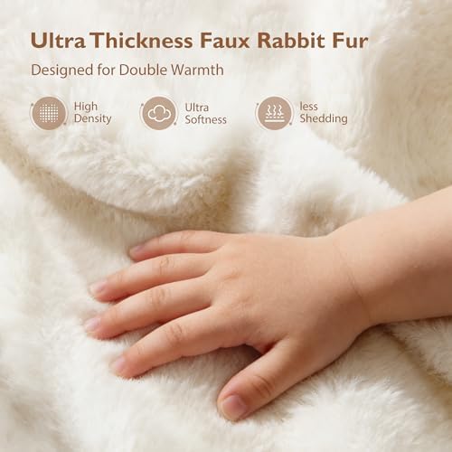 ALPHA HOME, Faux Rabbit Fur Throw Blanket, Polyester Faux Fur, Cream