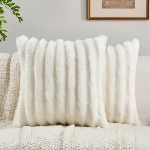 FUTEI Pack of 2 Faux Mink Fur Throw Pillow Covers 22x22 Inch, Cream