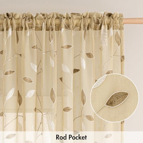 MIULEE Beige Sheer Curtains 2 Panels Embroidered Leaf Patterned, W52 x