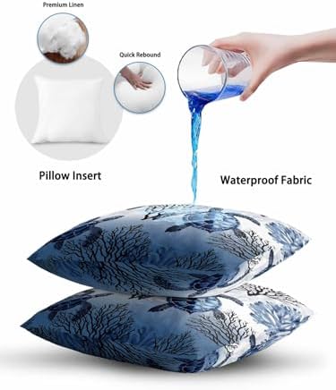 Throw Pillows 12x20 Set of 2, Coastal Sea Turtles Waterproof Outdoor
