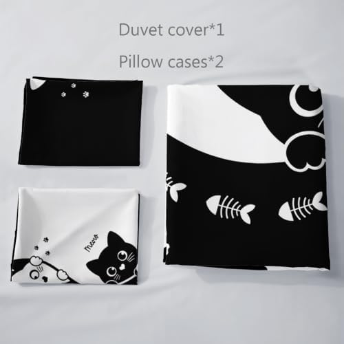 AILONEN Playful Cats Duvet Cover Set King, Black White Fishbone