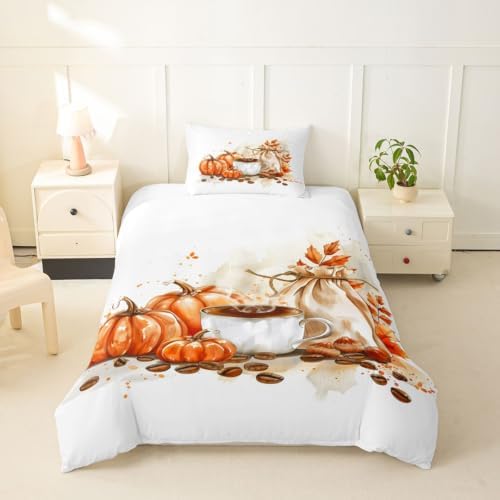 Manfei Pumpkin Coffee Girls Bedding Set Twin Size, Fall Leaves