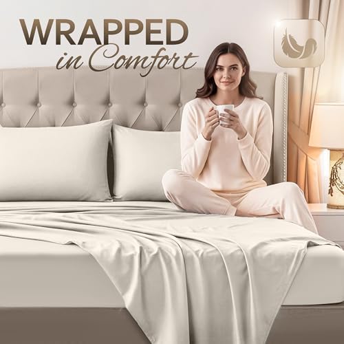King Sheets Set, 4 Pcs 16" Deep Pocket Hotel Luxury Bed Sheets, Beige