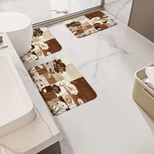 3Pcs Abstract Brown Beige Flower Bath Mat Sets,XXXL