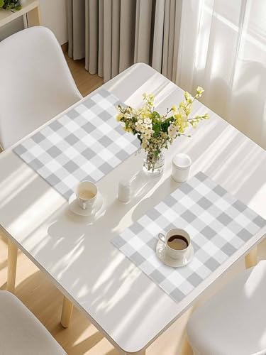 Grey White Plaid Placemat Set of 8, Modern Geometric Minimalist Grid