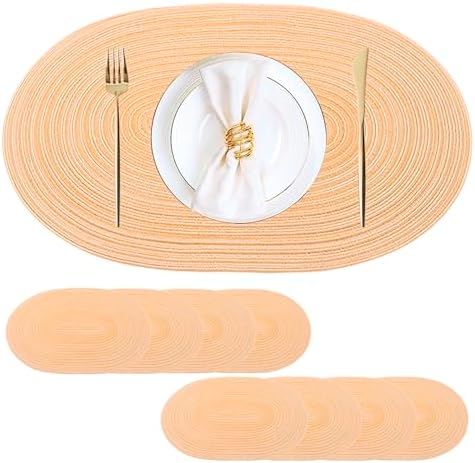 CAMAL Oval Placemats Set of 8, Cotton Woven Table Mats Washable Non