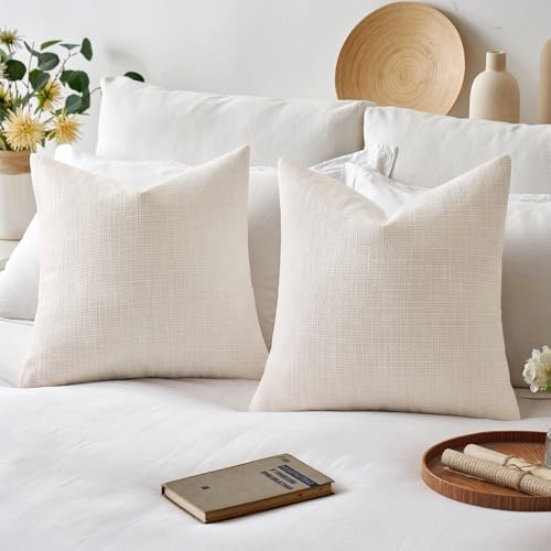 MIULEE Burlap Linen Throw Pillow Covers 20x20 Inch Set of 2 Cream