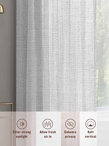 Vintage White Sheer Curtains 108 Inches Long, Linen Texture Farmhouse