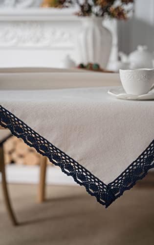 Cotton Linen Tablecloth Table Cover with Lace Trim for Home Kitchen