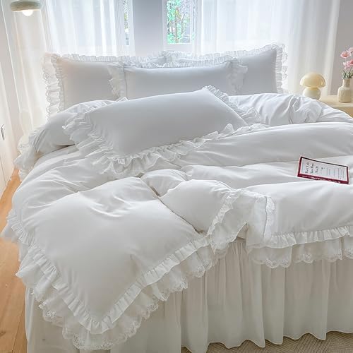 Ruffle Cotton Duvet Cover Set 4 Piece,Shabby Soft Bedding Set with