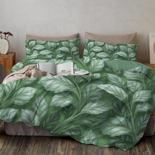 Duvet Cover Set Queen, 3D Watercolor Leaf Texture Hand-Painted Plant