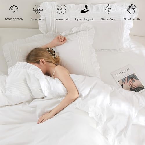 White Ruffle Duvet Cover King Size 3 Pieces, 100% Cotton Bedding