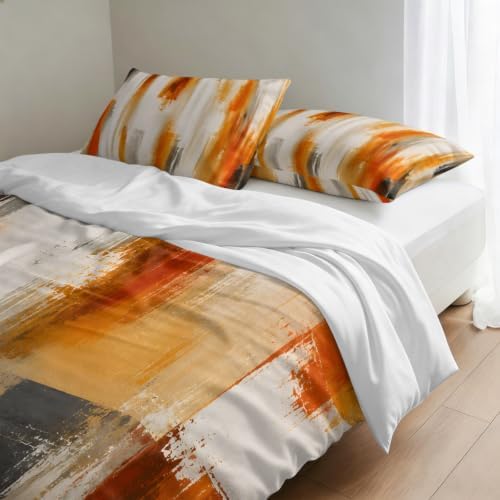 Orange Beige Gray Duvet Cover Set 3 Pieces with Zipper Closure