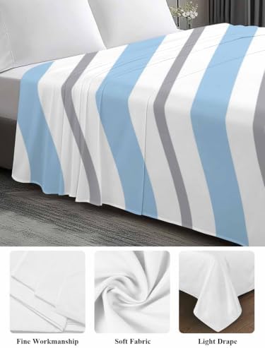 King Size Flat Sheet Only, Light Blue Gray White Stripe Bed Top Sheet