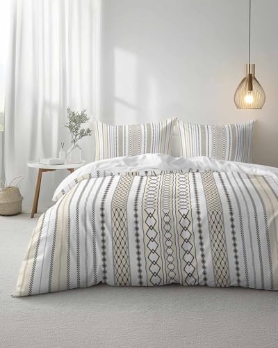 Duvet Cover Set Full, Gray Stripes Boho Ethnic Style 3 Piece Bedding