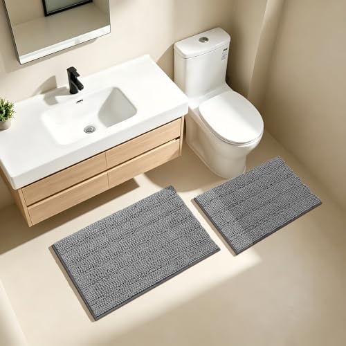 Bcoimo Bath Rug Mat Sets, 2 Piece Extra Soft Chenille Gray Bathroom