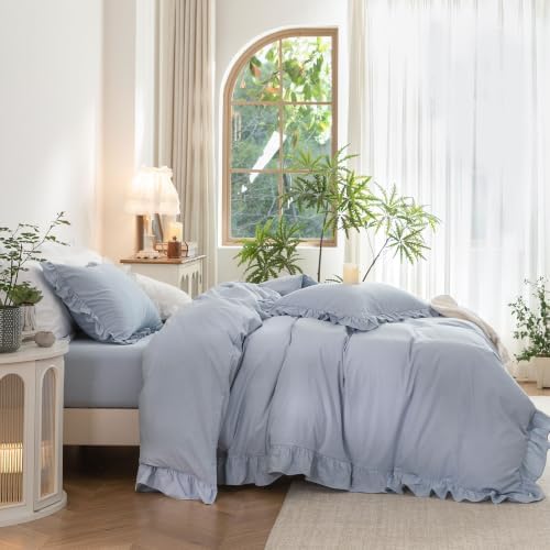 Ruffle Duvet Cover Set 100% Washed Cotton Linen Feel 3‐Pcs King