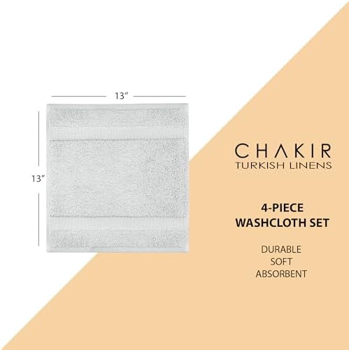 Chakir Turkish Linens 100% Cotton 4-Pack Washcloths 13x13, Silver Gray